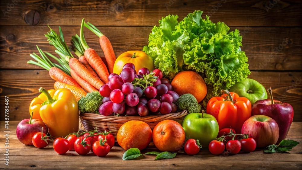 A vibrant still life showcasing a bountiful harvest of fresh, colorful fruits and vegetables, arranged artfully in a rustic wooden basket and on a weathered wood surface. A vibrant still life showcasing a bountiful harvest of fresh, colorful fruits and vegetables, arranged artfully in a rustic wooden basket and on a weathered wood surface.
