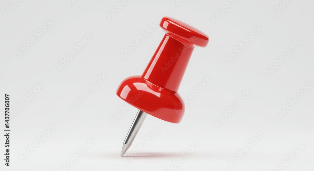 Oversized red pushpin with glossy finish on white background for minimalist office supply design Oversized red pushpin with glossy finish on white background for minimalist office supply design