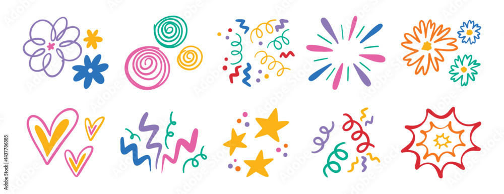 Abstract cute shapes sticker curve set. Colorful funny element organic symbol. Doodle flower and heart, star and confetti, trendy lines cartoon drawing style. 