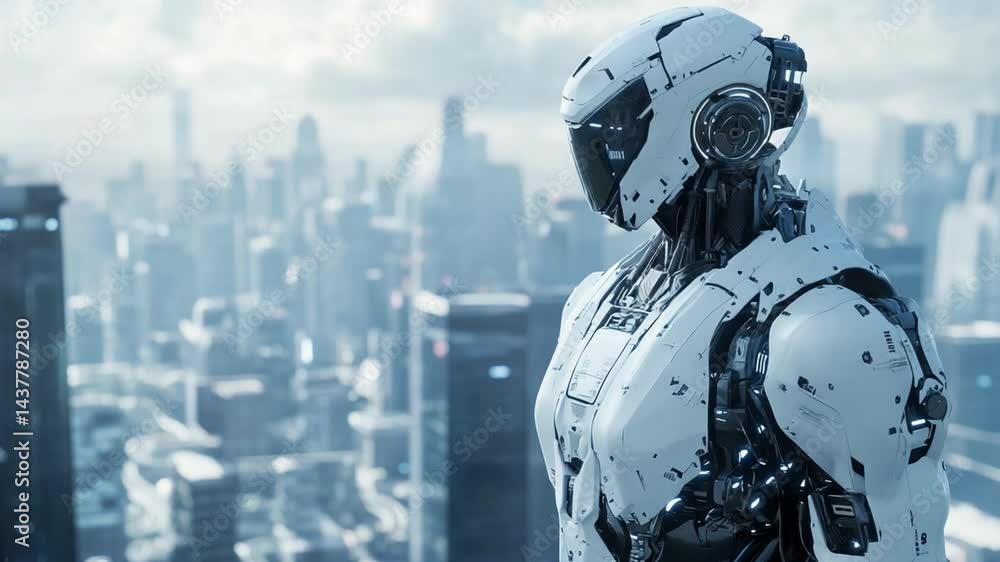 Futuristic Cityscape with Advanced Robot Overseeing Urban Evolution and Technology Futuristic Cityscape with Advanced Robot Overseeing Urban Evolution and Technology