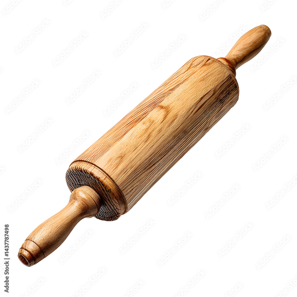 Wooden rolling pin lies on a white surface casting a shadow. Wooden rolling pin lies on a white surface casting a shadow.