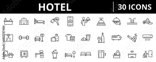Hotel outline icon set featuring hospitality, accommodation, booking, services, and travel concepts. Editable stroke, professional clean style
