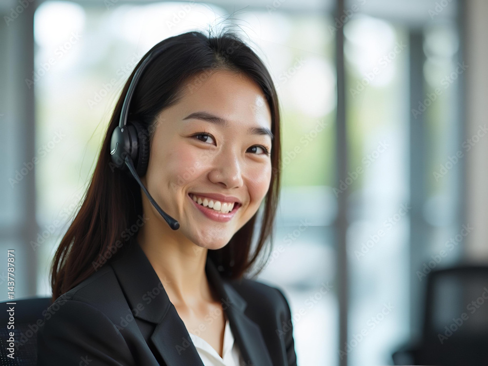 Bright and confident customer support representative with headset smiling warmly Bright and confident customer support representative with headset smiling warmly