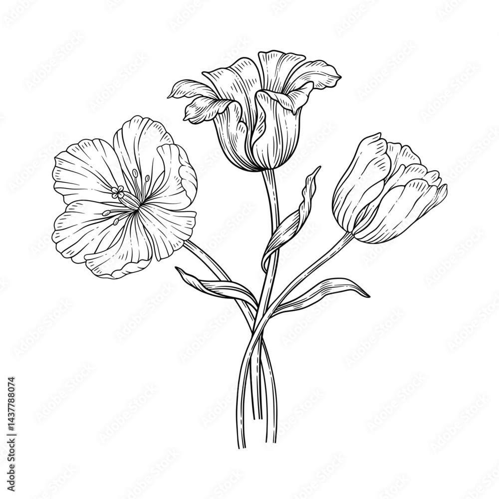 Obraz premium Tulip line art bouquet. Beautiful blooming flowers with leaves, graceful thin line, isolated on white background. Drawing element for Easter, Mother Day, Canadian Tulip Festival. Vector illustration