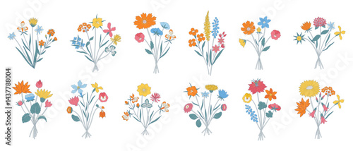 Set of bright wildflower colorful bouquets. Bunches of blooming perennial wild plants. Different meadow flowers, and herbs. Botanical hand-drawn elements for design projects. Vector illustration