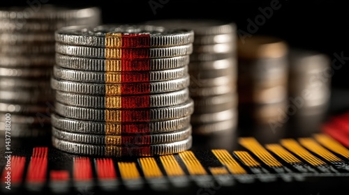 Stacked coins with national flag, chart background