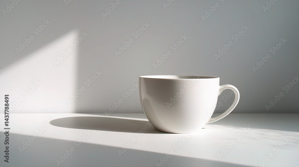 Minimalistic White Coffee Cup with Handle on Soft Surface Minimalistic White Coffee Cup with Handle on Soft Surface