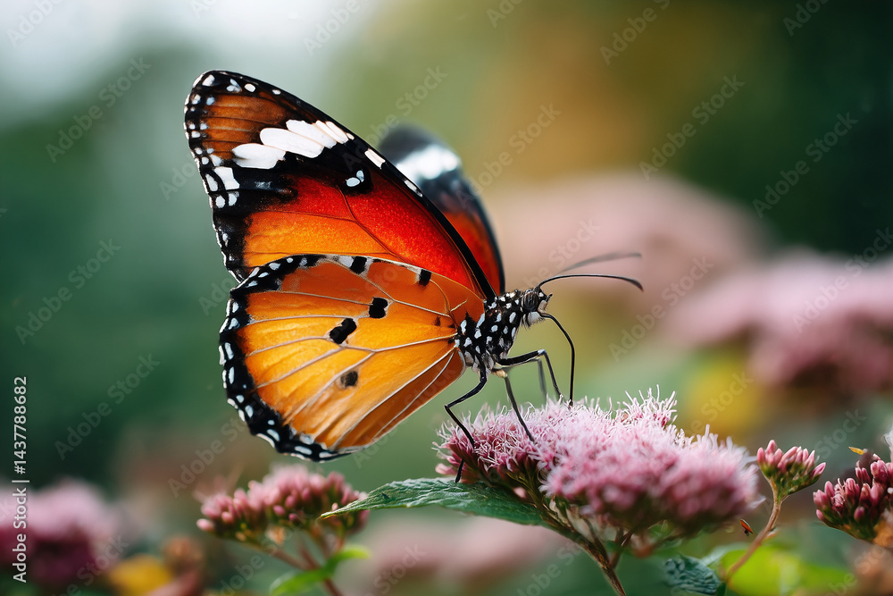 Fototapeta premium A macro shot of a vibrant butterfly on a flower, showcasing intricate wing details and natural colors, captured in 4K clarity. 