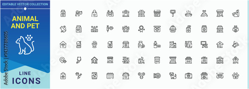 Animal And Pet line icon set. Animal related icon set. UI icons set in a thin style. Contains such icons as kitten, cat, dog, animal care and more. Editable stroke. Vector collection.