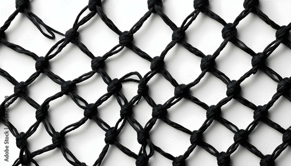 Intricate black macrame net with a repeating square pattern, isolated against a plain white surface. Intricate black macrame net with a repeating square pattern, isolated against a plain white surface.