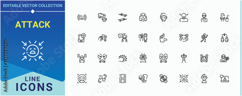 Attack icon set. Includes symbols for angry, reaction, anger, aggression. Aggressive vector line icon set. Icons for application. Editable stroke. Pixel Perfect.