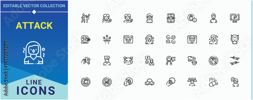 Attack vector line icon set. Includes symbols for anger, aggression, angry, reaction, offensive and more. Aggressive icon set. Vector outline icons collection. Art and illustration.