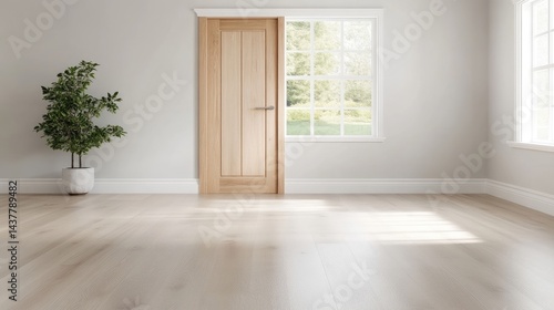Wallpaper Mural A wooden door in an empty minimalist room with light wooden flooring, natural light streaming through window, potted plant adding greenery, and serene and calm interior. Torontodigital.ca