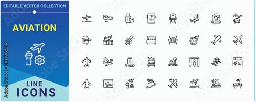 Aviation icon set. Includes symbols for transport, travel, ticket, airplane and more. Airport related icon set. Modern thin line style icons. Pixel perfect. Editable stroke.