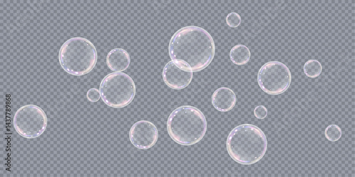 Realistic soap vector bubbles png isolated on transparent background. Falling and flying bubbles effect.Soap bubble color spectrum