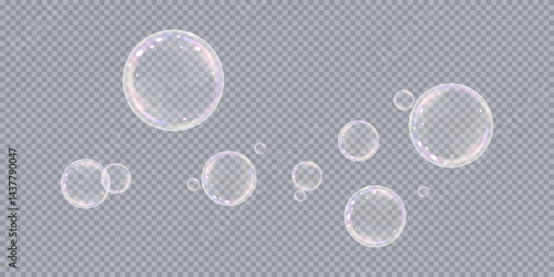 Realistic soap vector bubbles png isolated on transparent background. Falling and flying bubbles effect.Soap bubble color spectrum