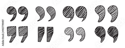 hand drawn sketchy shaded quotation marks for citation doodle quotes set. Black scribble speech marks, inverted commas