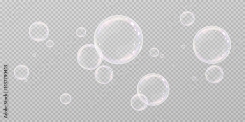 Realistic soap vector bubbles png isolated on transparent background. Falling and flying bubbles effect.Soap bubble color spectrum