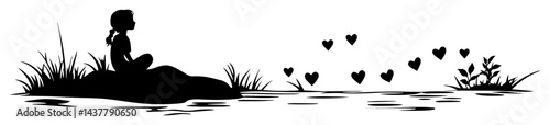 girl sitting by lake with floating heart silhouette romantic peaceful black and white design