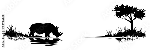 rhinoceros drinking at waterhole in african savannah landscape silhouette isolated on white