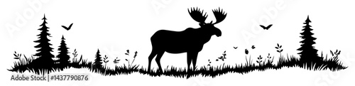 moose standing in forest landscape with pine tree and flying bird silhouette isolated on white