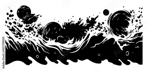 cosmic wave with planets and abstract splash dynamic black and white silhouette illustration
