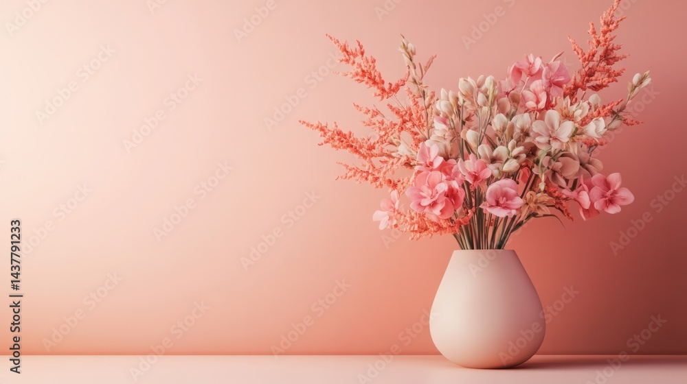 Elegant pink and white flower bouquet arranged in a smooth white ceramic vase with soft pastel background for floral decor and interior design accents Elegant pink and white flower bouquet arranged in a smooth white ceramic vase with soft pastel background for floral decor and interior design accents