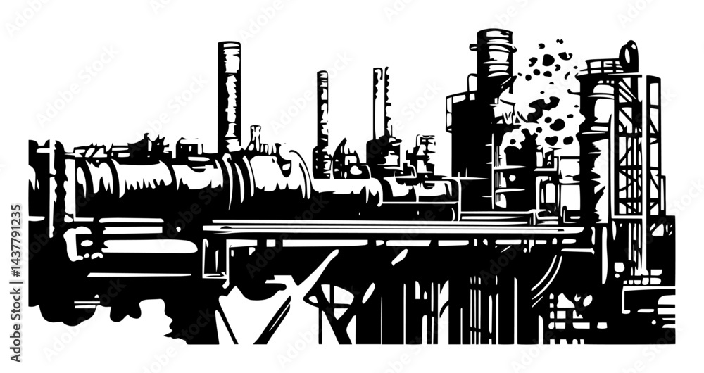 Naklejka premium industrial refinery plant with pipeline and chimney silhouette isolated on white background