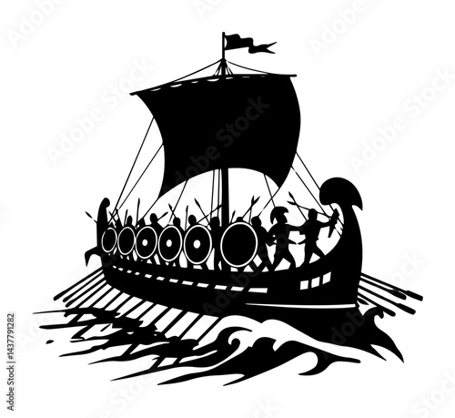 greek longship with warriors rowing on sea in battle silhouette isolated on white background