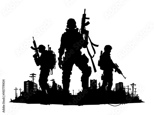 armed soldiers standing in ruined city battlefield silhouette isolated on white background