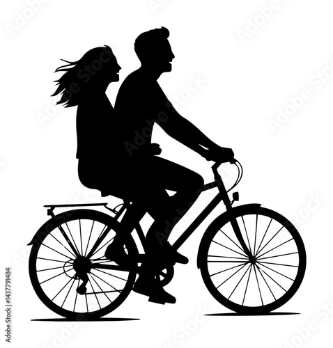 happy couple riding bicycle together romantic silhouette isolated on white background