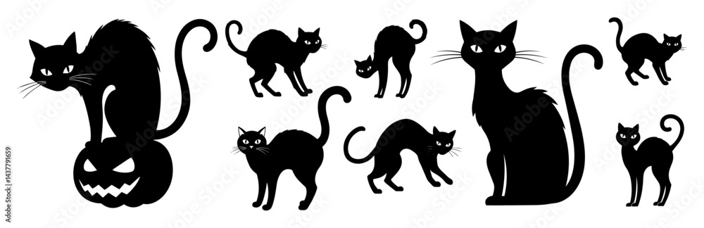 collection of spooky black cat silhouettes in halloween style isolated on white background collection of spooky black cat silhouettes in halloween style isolated on white background