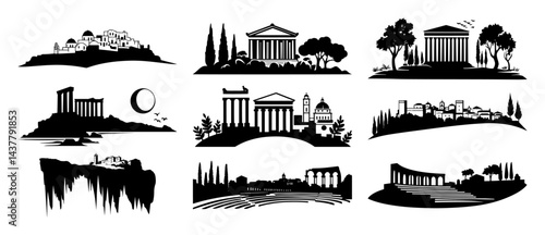 set of ancient temples and historic city ruins silhouettes isolated on white background