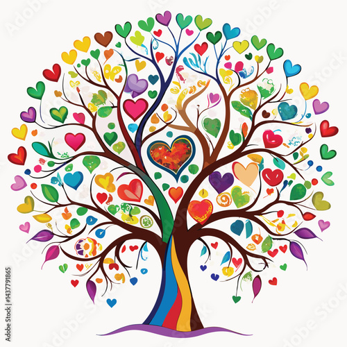 Colorful love tree with hearts and leaves