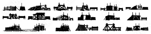 black silhouette of various battlefield barricades and defensive obstacles isolated on white
