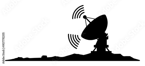 black silhouette of satellite dish antenna transmitting signal waves isolated