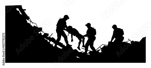 black silhouette of rescuers carrying injured person through ruins isolated on white