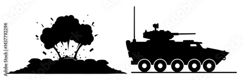 black silhouette of armored vehicle and explosion on battlefield isolated on white