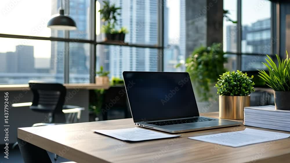 Modern Office Workplace With Laptop and City View Background at Daytime Modern Office Workplace With Laptop and City View Background at Daytime