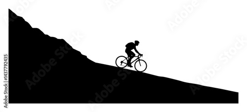 black silhouette of mountain biker riding downhill isolated on white background