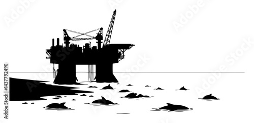 oil platform with dead dolphins in ocean