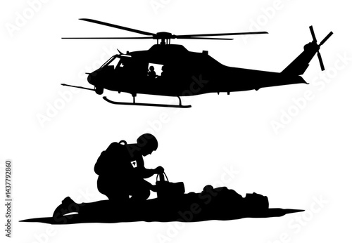 medic helping wounded soldier with rescue helicopter silhouette