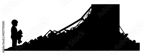 child with teddy bear near destroyed building silhouette