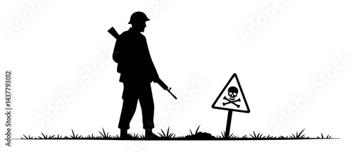 soldier facing toxic hazard warning sign silhouette