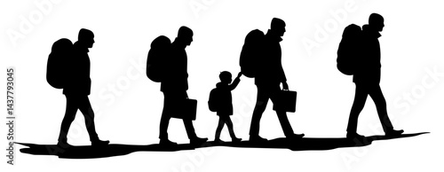 refugees walking with backpacks silhouette