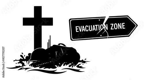 car wreck and evacuation zone sign silhouette with cross