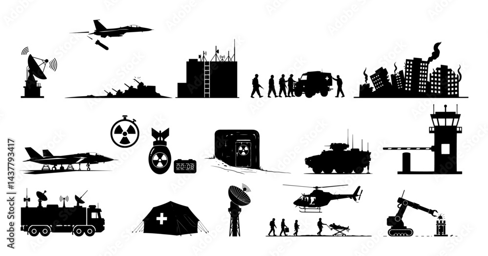 Naklejka premium military equipment buildings and operations fighter jets tanks helicopters soldiers radar and buildings