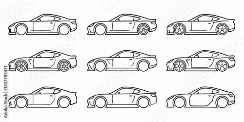 Sports Car Vector Silhouette Set, Side View Racing Cars Collection, High-Speed Vehicle Outline Design