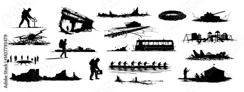 soldiers ruins and war wreckage engraved vector silhouette style