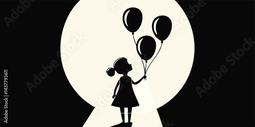 Child Girl Holding Balloons Vector Silhouette Against Full Moon Night Background Keyhole Shape